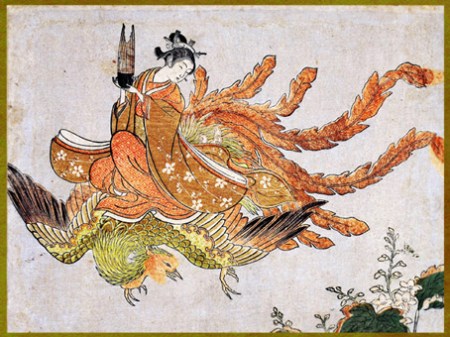 D’après un phénix en vol portant une jeune femme, estampe japonaise, Nishiki-e, style de Harunobu, XVIIIe siècle. (Marsailly/Blogostelle)  