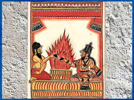 D’après un feu sacrificiel, le roi Dasaratha et l'ascète Rishyashringa, Ramayana, Divinités indiennes, miniature, aquarelle, 1720-1730,  Sud Andhra Pradesh, XVIIIe siècle, Inde ancienne. (Marsailly/Blogostelle)