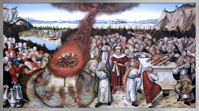 D’après le prophète Elie et les prêtres de Baal, feux de sacrifice à la divinité, Lucas Cranach Le Jeune, 1545, Dresde, XVIe siècle. (Marsailly/Blogostelle)