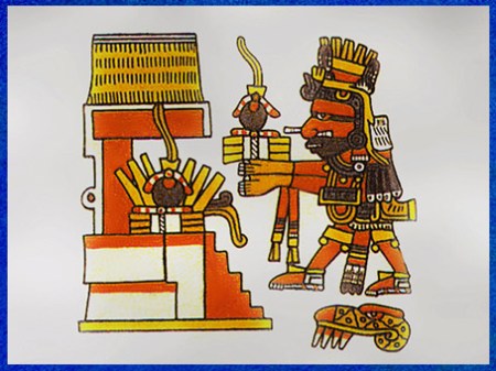 D’après le dieu du feu, Xiuhtecuhtli, scène d'offrande, codex Borgia, manuscrit pictographique mixtèque, civilisation aztèque. (Marsailly/Blogostelle)