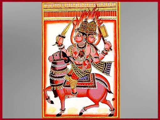 D'après Agni, dieu védique du Feu sur son véhicule, le bélier, miniature, Divinités indiennes, aquarelle, 1720-1730, Sud Andhra Pradesh, XVIIIe siècle, Inde ancienne. (Marsailly/Blogostelle)