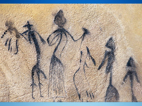 D'après de personnages, homme et femmes, scène rupestre, grottes d'El Cogul, La Roca dels Moros, Catalogne, Espagne, mésolithique. (Marsailly/Blogostelle)