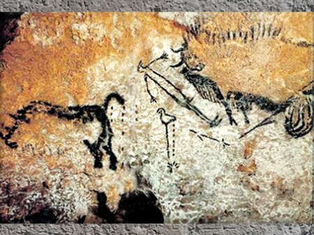 D’après la scène du puits, chasseur et bison, grotte de Lascaux, vers 18 000 avjc, Magdalénien, art rupestre, Dordogne, France, paléolithique supérieur. (Marsailly/Blogostelle)