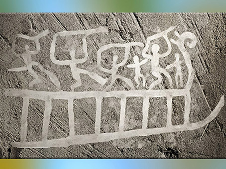 D'après une procession en bateau, danse rituelle ou joueurs de lurs (trompettes), gravures rupestres, Tanum, rochers du Bohüslan, Suède, âge du Bronze. (Marsailly/Blogostelle)