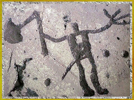 D’après un guerrier ou divinité armé d'une hache, art rupestre, Vastergötland, Suède, âge du Bronze. (Marsailly/Blogostelle)