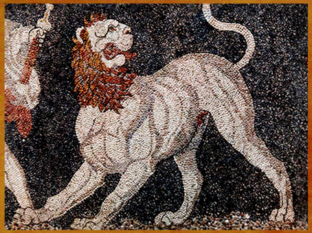 D'après La Chasse au lion, mosaïque, lames en terre cuite et galets, Pella, IVe siècle avjc, Macédoine, Grèce antique. (Marsailly/Blogostelle)