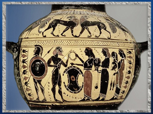 D’après Achille, sa mère Thétis et le bouclier forgé par Héphaïstos, hydrie, 575-550 avjc, céramique attique à figures noires, période archaïque, Grèce antique. (Marsailly/Blogostelle)