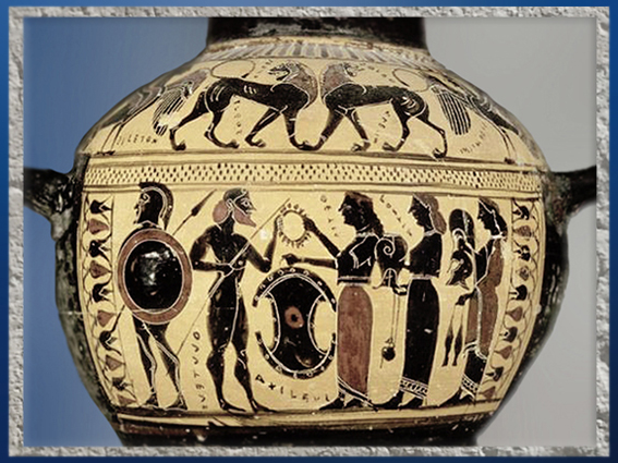 D’après Achille, héros de la guerre de Troie, sa mère Thétis et le bouclier forgé par Héphaïstos, hydrie, 575-550 avjc, céramique attique à figures noires, période archaïque, Grèce antique. (Marsailly/Blogostelle)