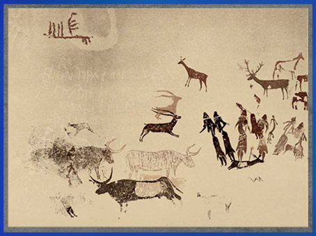 D’après des personnages, possible danse rituelle, gibier et bovidés, scènes rupestres, grottes d'El Cogul, La Roca dels Moros, peinture, Catalogne, Espagne, mésolithique. (Marsailly/Blogostelle)