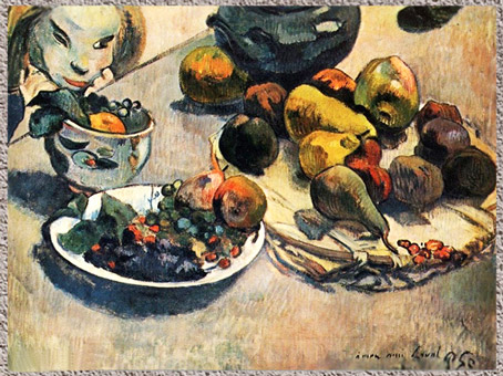 D’après Nature morte aux fruits, Paul Gauguin, 1888, huile sur toile, dédicace “À mon ami Laval”, France, fin XIXe siècle. (Marsailly/Blogostelle)