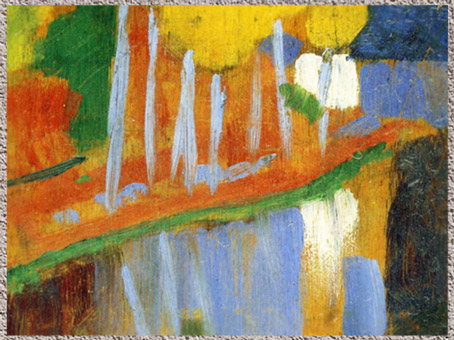 D’après Le Talisman, Paysage au Bois d'Amour, détail, Paul Sérusier, manifeste nabi, 1888, huile sur bois, France, fin XIXe siècle. (Marsailly/Blogostelle) 
