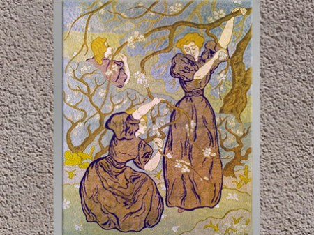 D’après Le Printemps, femmes sous les arbres en fleurs, Paul-Élie Ranson, 1895, tapisserie, laine sur toile à canevas, France, fin XIXe siècle. (Marsailly/Blogostelle)