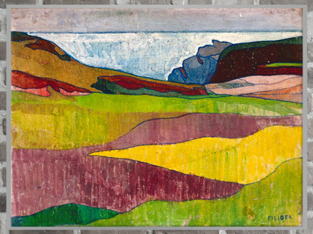 D’après Paysage rocheux, Le Pouldu, Charles Filiger, 1891, gouache sur carton, Pont-Aven, Bretagne, France, fin XIXe siècle. (Marsailly/Blogostelle)  