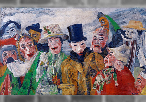 D’après L'Intrigue, James Ensor, 1890, huile sur toile, signée et datée, Belgique, fin XIXe siècle. (Marsailly/Blogostelle)
