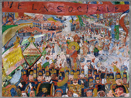 D’après L'Entrée du Christ à Bruxelles, James Ensor, banderole, détail, 1888, huile sur toile, Belgique, fin XIXe siècle. (Marsailly/Blogostelle)