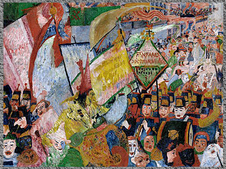D’après L'Entrée du Christ à Bruxelles, James Ensor, fanfare, détail, 1888, huile sur toile, Belgique, fin XIXe siècle. (Marsailly/Blogostelle)