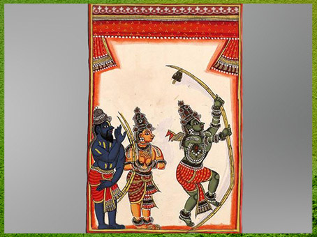 D’après Râma brisant l'arc de Shiva, illustration du Râmâyana, 1720-1730, album "Divinités indiennes", Madras, Andhra Pradesh, XVIIIe siècle, Inde ancienne. (Marsailly/Blogostelle)