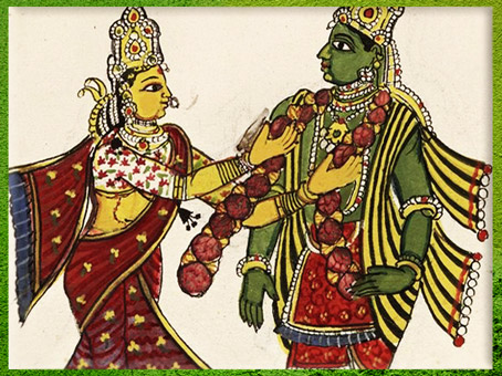 D’après le couple Râma et Sîtâ, détail, miniature, gouache et aquarelle, 1727- 1758, “Histoire et figures des dieux des Indiens”, Andhra Pradesh, XVIIIe siècle, Inde ancienne. (Marsailly/Blogostelle)