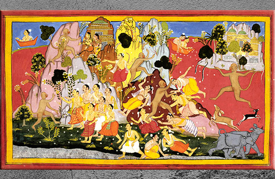 D’après Hanuman dans l'Himalaya, Livre Yuddha Kanda, Râmayana, de Sahib Din, manuscrit publié en 1652 à Udaipur, Rajasthan, XVIIe siècle Inde ancienne. (Marsailly/Blogostelle)