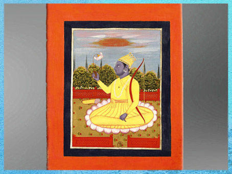 D’après Râma sur un lotus, miniature, gouache et aquarelle 1760, recueil “Théogonie indienne, à la suite quelques personnages à cheval”, XVIIIe siècle, Bengale, Inde ancienne. (Marsailly/Blogostelle)
