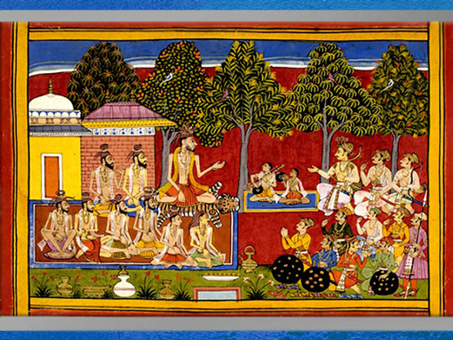 D’après l'ermitage de Vâlmîki, Lava et Kusa récitent l'histoire de Râma devant Shatrughna, Râmâyana -Uttara Kanda, style de Manohar, 1653, Udaipur, Rajasthan, XVIIe siècle, Inde ancienne. (Marsailly/Blogostelle)