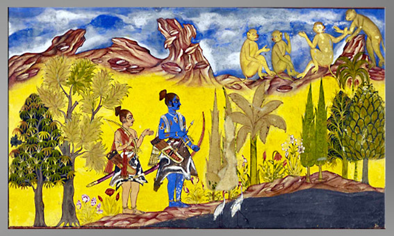 D’après Râma et Lakshmana au lac Pampa, à la recherche de Sîtâ, et la montagne Rishyamuka, Livre Kishkindha Kanda, Râmayana, de Sahib Din, manuscrit publié en 1652 à Udaipur, Rajasthan, XVIIe siècle Inde ancienne. (Marsailly/Blogostelle)