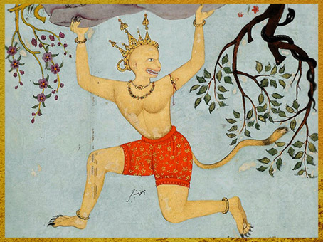 D'après le roi-singe Hanuman, Râmayana, Zayn al'-'Abidin, 1597-1605, aquarelle, encre et or sur papier, dynastie Moghole, fin XVIe siècle, Inde ancienne. (Marsailly/Blogostelle)