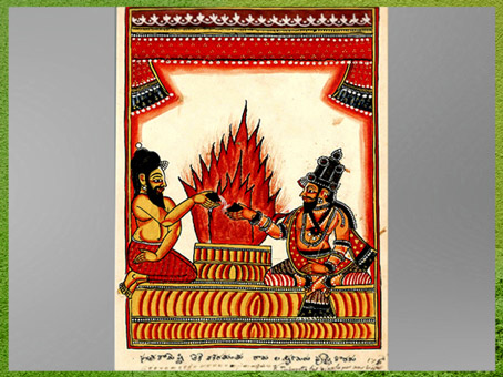 D’après le feu sacrificiel, le roi Dasaratha et l’ascète Rishyashringa, Râmâyaṇa, Divinités indiennes, miniature, aquarelle, 1720-1730, Sud Andhra Pradesh, XVIIIe siècle. (Marsailly/Blogostelle)