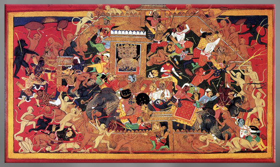 D'après La Bataille de Lanka, Rama et Hanuman luttent contre le démon Ravana à dix têtes, Râmâyana, Livre Yuddha Kanda, illustration Sahib Din, manuscrit publié en 1652 à Udaipur, Rajasthan, XVIIe siècle, Inde ancienne. (Marsailly/Blogostelle)