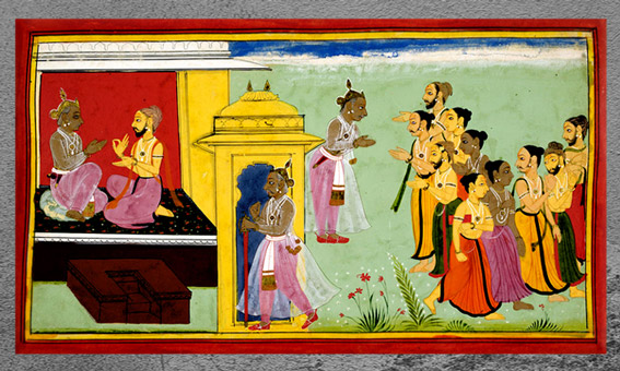 D’après le roi Dasaratha donnant l'ordre à Vasishta de commencer l’Asvamedha, (sacrifice du cheval), Vasishta informe d’autres prêtres, 1712, miniature, Râmâyaṇa, Bala Kanda, Udaipur, XVIIIe siècle, Inde ancienne. (Marsailly/Blogostelle)