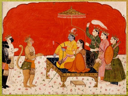 D’après Râma, son épouse Sîtâ et Hanumân le roi singe blanc à la cour royale, Râmâyana, aquarelle et rehauts dorés, Chamba, 1775-1800, Himachal Pradesh, fin XVIIIe siècle, Inde ancienne. (Marsailly/Blogostelle)