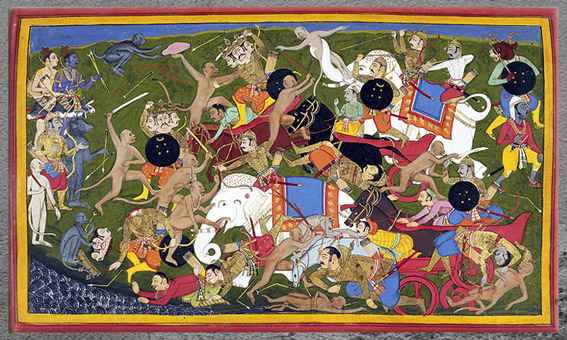 D’après La Bataille de Lanka, Rama et Hanuman luttent contre le démon Ravana, Râmâyana, Livre Yuddha Kanda, illustration Sahib Din, manuscrit publié en 1652 à Udaipur, Rajasthan, XVIIe siècle, Inde ancienne. (Marsailly/Blogostelle)