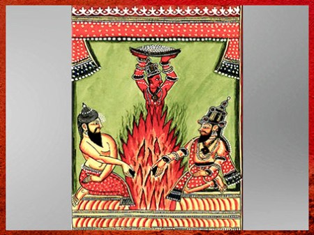 D’après Prajapati émergeant du feu du sacrifice pour exaucer le vœux du roi Dasharatha accompagné d’un ascète, Râmâyaṇa, Divinités indiennes, miniatures, aquarelle, 1720-1730, Sud Andhra Pradesh, XVIIIe siècle, Inde ancienne. (Marsailly/Blogostelle)