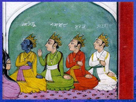 D’après les quatre fils de Dasharatha, roi d’Ayodhyâ, Râma, Bharata, Lakṣmaṇa et Shatrughna, Râmâyaṇa, peinture, École Pahari, style Chamba, fin XVIIIe siècle, Himachal Pradesh, Inde ancienne. (Marsailly/Blogostelle)