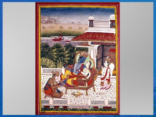 D’après Râma et Sîtâ, le roi-singe Hanuman et Lakshmana, miniature, XVIIIe siècle, Inde ancienne. (Marsailly/Blogostelle) 