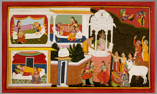 D’après la naissance des quatre fils du roi Dasaratha, 1712, Râmâyana -Bala Kanda, Udaipur, Rajasthan, XVIIIe siècle, Inde ancienne. (Marsailly/Blogostelle)