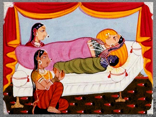D’après la reine Kausalya et Râma, manuscrit, Râmâyana-Bala Kanda, Naissance de Râma, 1712, Udaipur, Rajasthan, XVIIIe siècle, Inde ancienne. (Marsailly/Blogostelle)