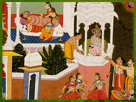 D’après la reine Sumitra et ses jumeaux, Lakshmana et Shatrughna, manuscrit, Râmâyana-Bala Kanda, Naissance de Râma, 1712, Udaipur, Rajasthan, XVIIIe siècle, Inde ancienne. (Marsailly/Blogostelle)