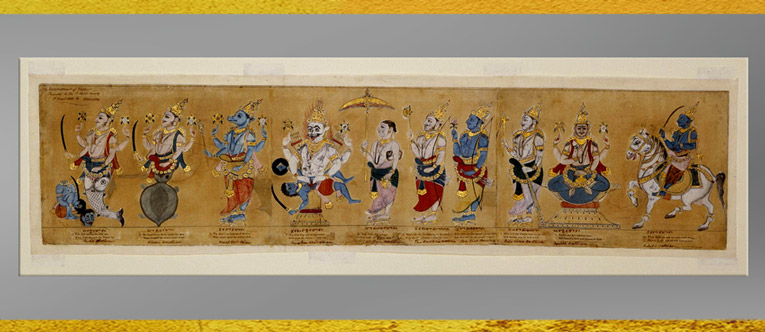 D’après Les Dix incarnations de Vishnu, rouleau horizontal, aquarelle et or sur papier, Andhra Pradesh, début XIXe siècle, Inde du Sud. (Marsailly/Blogostelle)