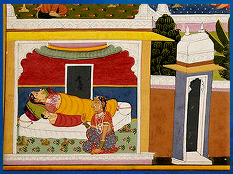 D’après la reine Kaikeyi et Bharata, manuscrit, Râmâyana-Bala Kanda, Naissance de Râma, 1712, Udaipur, Rajasthan, XVIIIe siècle, Inde ancienne. (Marsailly/Blogostelle)
