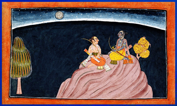 D’après Rama et son frère Lakshmana sur le mont Pavarasana, Râmâyana, 1690-1710, encre, aquarelle et argent sur papier, série Shangri Râmâyaṇa, Punjab Hills, Inde ancienne. (Marsailly/Blogostelle)