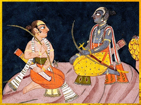 D’après Rama et son frère Lakshmana sur le mont Pavarasana, Râmâyana, 1690-1710, encre, aquarelle et argent sur papier, série Shangri Râmâyaṇa, Punjab Hills, Inde ancienne. (Marsailly/Blogostelle)