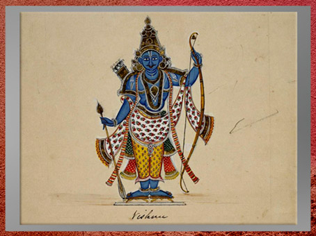 D’après Râma, septième avatar de Vishnu, avec carquois, arc et flèches, 1820, gouache sur papier, XIXe siècle, Inde ancienne. (Marsailly/Blogostelle)