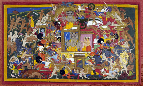 D’après La Bataille de Lanka, Râmayana, Livre Yuddha Kanda, illustration Sahib Din, manuscrit publié en 1652 à Udaipur, Rajasthan, XVIIe siècle, Inde ancienne. (Marsailly/Blogostelle)