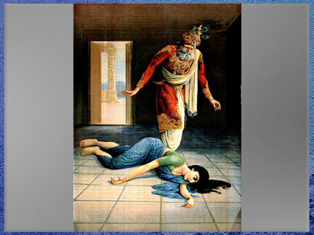 D’après la reine Kaikeyi exigeant de Dasharatha le bannissement de Râma, Râmayaṇa, Raja Ravi Varma, vers 1895, peinture à l’huile, XIXe siècle, Inde ancienne. (Marsailly/Blogostelle)