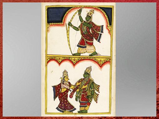 D’après Râma et l'arc de Shiva, Râma et Sîtâ, Râmâyana, miniature, gouache et aquarelle, 1727- 1758, “Histoire et figures des dieux des Indiens” ou “Théogonie des Malabariquais”, Andhra Pradesh, XVIIIe siècle, Inde ancienne. (Marsailly/Blogostelle)