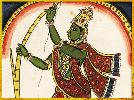 D’après Râma brisant l'arc de Shiva, détail, Râmâyana, miniature, gouache et aquarelle, 1727- 1758, “ Histoire et figures des dieux des Indiens", Andhra Pradesh, XVIIIe siècle, Inde ancienne. (Marsailly/Blogostelle)