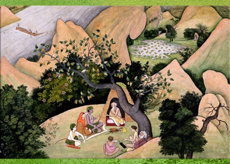 D’après Râma, Sîtâ et Lakshmana à l'Ermitage de Bharadvaja, folio d'une série dispersée du Râmayana, vers 1780, Kangra, Himachal Pradesh, XVIIIe siècle, Inde ancienne. (Marsailly/Blogostelle)