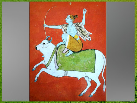 D’après Rudra-Shiva sur sa monture le taureau Nandi, miniature, gouache, atelier de Seu-Nainsukh, école Pahari, fin XVIIIe siècle, Himachal Pradesh, Inde ancienne. (Marsailly/Blogostelle)