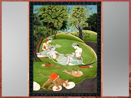 D’après Râma et Sîtâ, et Lakshmana qui retire une épine du pied de son frère, exil dans la forêt, Râmâyana, vers 1780, École Kangra, Inde ancienne. (Marsailly/Blogostelle)